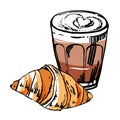 Glass of coffee and croissant. Hand drawn outline sketch vector illustration with color fills